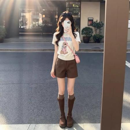 BY21189# 韩系少女风卡通印花短袖t恤高腰短裤女装夏季新款显瘦两件套 服裝批發女裝批發服飾貨源
