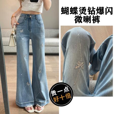 BY21192# 蝴蝶烫钻天丝喇叭牛仔裤女夏季薄款新款高级时尚弹力拖地裤 服裝批發女裝批發服飾貨源