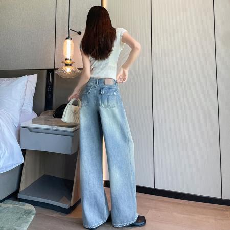 BY21193# 小个子设计感爆款高腰九分弯刀牛仔裤女夏薄款宽松显瘦阔腿裤 服裝批發女裝批發服飾貨源