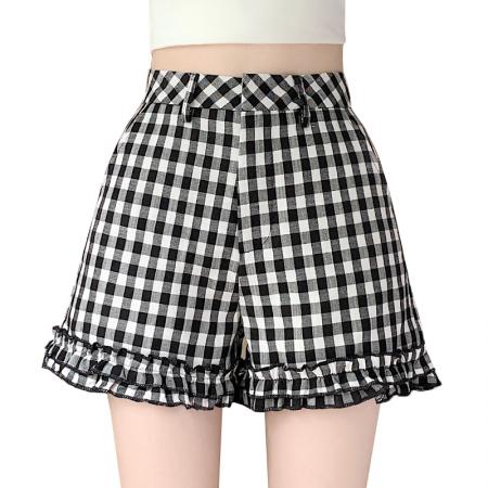 BY21200# 夏季新款小设计直筒黑白格子高腰休闲裤 服裝批發女裝批發服飾貨源