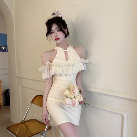 BY21204# 夏季新款旗袍领改良名媛露肩荷叶边无袖包臀连衣裙 服裝批發女裝批發服飾貨源