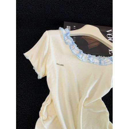 BY21208# 夏季新款时尚百搭斜肩露肩花边拼接软糯T恤女上衣 服裝批發女裝批發服飾貨源