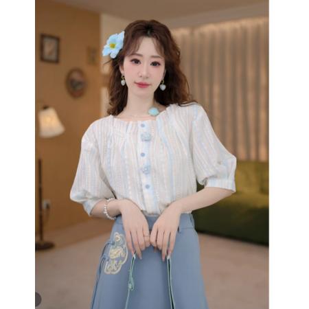 BY21214# 蓝铃花复古港风春夏显瘦温柔衬衫百搭宽松上衣 服裝批發女裝批發服飾貨源