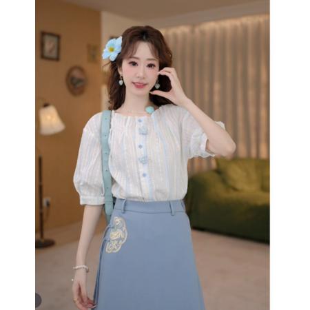 BY21214# 蓝铃花复古港风春夏显瘦温柔衬衫百搭宽松上衣 服裝批發女裝批發服飾貨源
