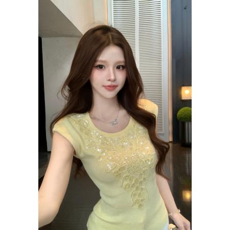 BY21223# 高级感钉珠亮片针织上衣女显瘦纯欲风短袖气质打底衫夏季 服裝批發女裝批發服飾貨源