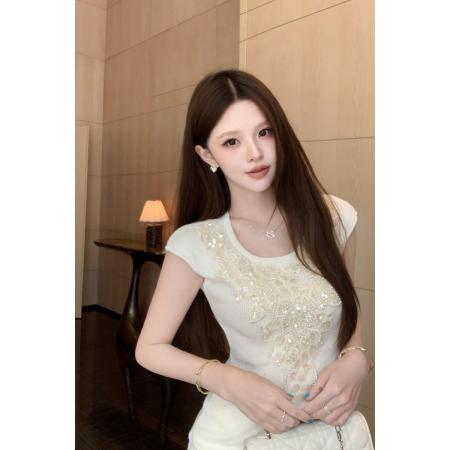 BY21223# 高级感钉珠亮片针织上衣女显瘦纯欲风短袖气质打底衫夏季 服裝批發女裝批發服飾貨源