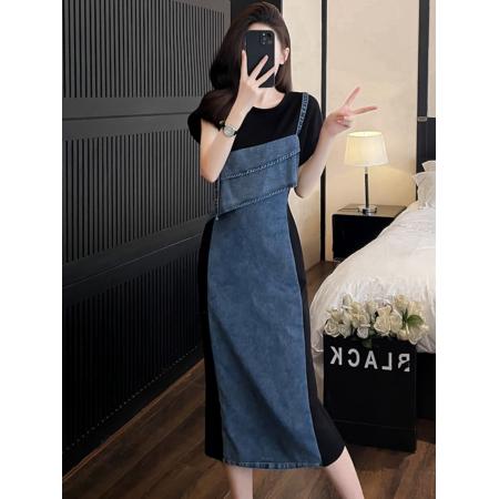 FA56898# 怀旧港风复古短袖连衣裙女夏新款设计感拼接假两件牛仔背带裙