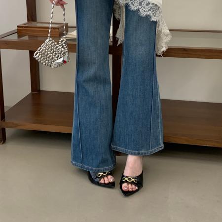 X-33190# 新款欧美外贸金属扣尖头简约一字带性感细跟超高跟拖鞋大码 女鞋批发鞋子货源