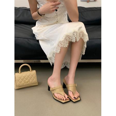 X-33266# 夏季新款法式气质方头夹趾搭扣粗跟拖鞋凉鞋35-40 女鞋批发鞋子货源