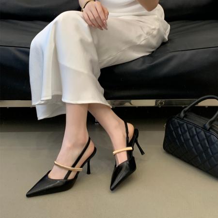 X-33277# 包头凉鞋女尖头一字带金属松紧环气质时尚夏季显瘦单鞋高跟鞋凉鞋 女鞋批发鞋子货源