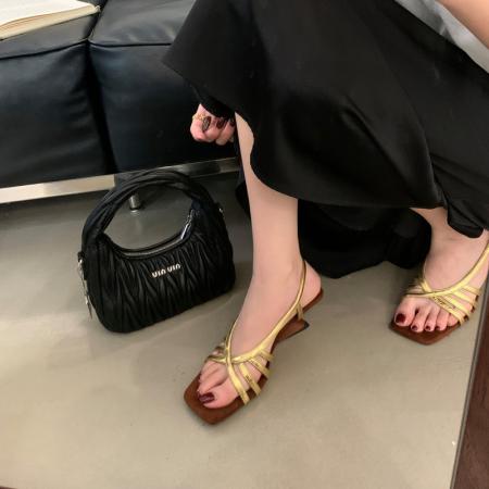 X-33284# 法式小众一字带凉拖鞋女夏新款简约时尚高跟鞋坡跟凉鞋 女鞋批发鞋子货源