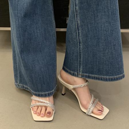 X-33293# 复古细跟凉鞋一鞋两穿软底露趾高跟外穿凉拖鞋女夏新款 女鞋批发鞋子货源