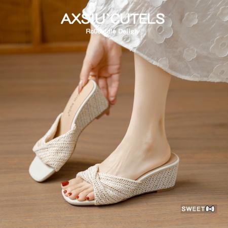 X-33298# 小个子坡跟拖鞋女夏外穿新款百搭配裙子露趾高跟鞋凉拖鞋 女鞋批发鞋子货源