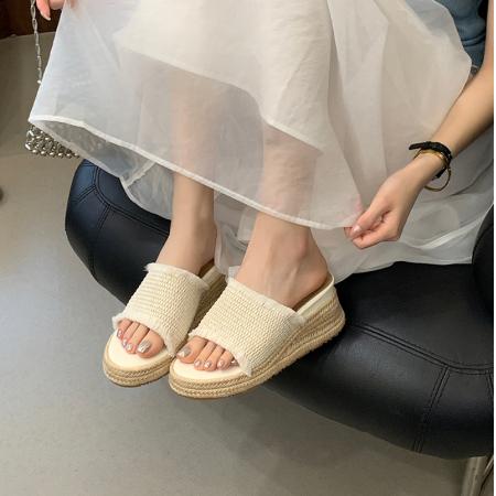 X-33332# 厚底增高7cm夏季新款编织古草编松糕厚底韩版一脚蹬 女鞋批发鞋子货源
