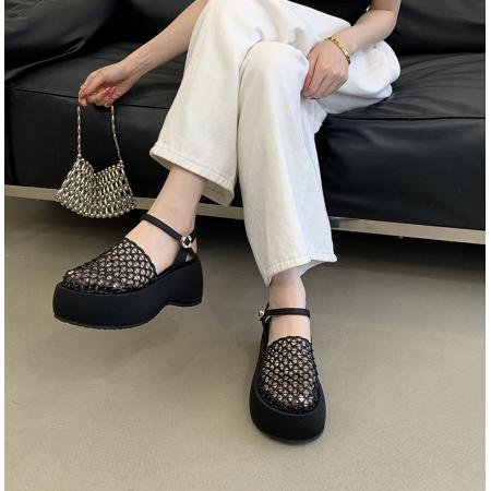 X-33342# 追品厚底渔网编织镂空新款松糕一字带包头凉鞋 女鞋批发鞋子货源