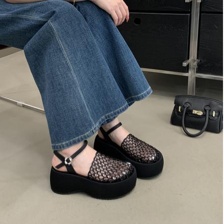 X-33342# 追品厚底渔网编织镂空新款松糕一字带包头凉鞋 女鞋批发鞋子货源