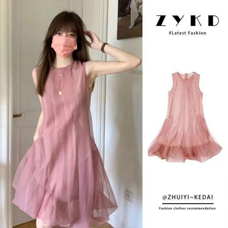 FA56899# 粉色圆领无袖连衣裙女夏季新款女装气质设计感宽松连衣裙子
