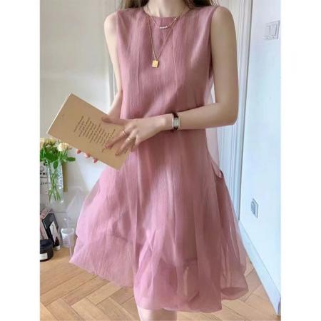 FA56899# 粉色圆领无袖连衣裙女夏季新款女装气质设计感宽松连衣裙子