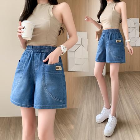 FA56902# 薄款牛仔短裤女新款夏季百搭时尚松紧高腰显瘦休闲宽松阔腿裤