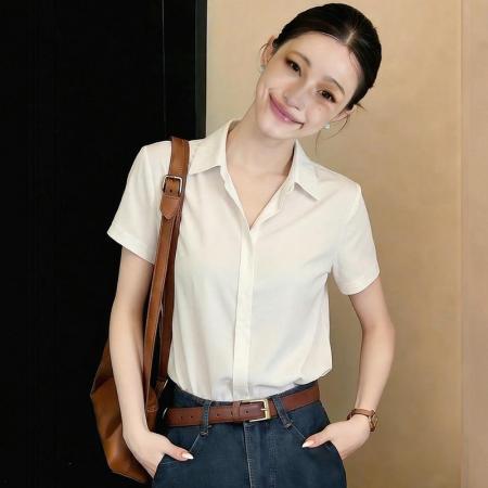 FA56904# 高级感暗门襟缎面夏季灰蓝色衬衫设计感小众宽松百搭通勤职业上衣