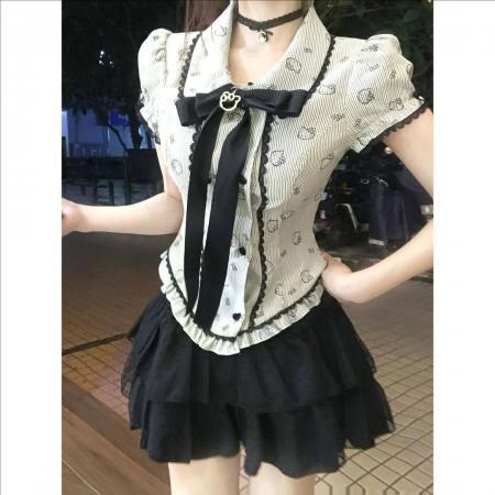 BY21245# 法式甜美学院风蝴蝶结短袖收腰衬衫上衣女高腰蓬蓬蛋糕裙俩件套装 服裝批發女裝批發服飾貨源