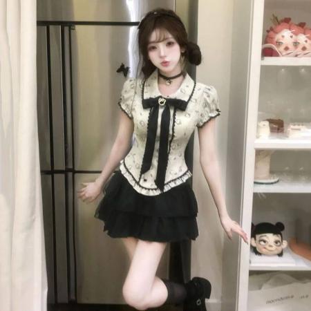 BY21245# 法式甜美学院风蝴蝶结短袖收腰衬衫上衣女高腰蓬蓬蛋糕裙俩件套装 服裝批發女裝批發服飾貨源