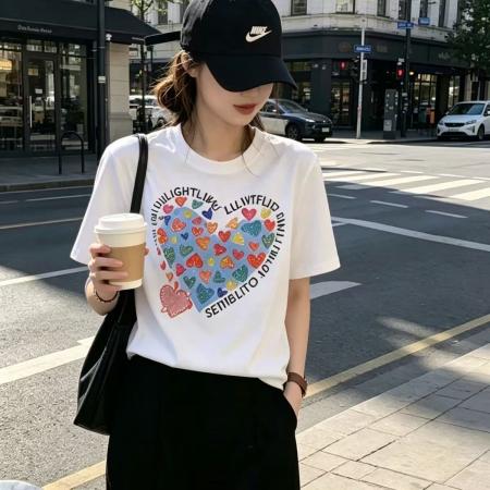 BY21248# 纯棉后包领夏装韩系短袖T恤女韩版宽松大码印花 服裝批發女裝批發服飾貨源