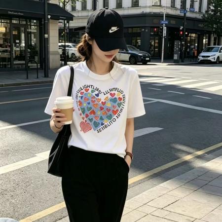 BY21248# 纯棉后包领夏装韩系短袖T恤女韩版宽松大码印花 服裝批發女裝批發服飾貨源