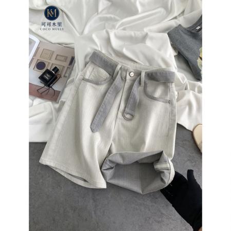 BY21250# 灰白色高腰休闲阔腿五分牛仔裤女夏季新款中裤 服裝批發女裝批發服飾貨源