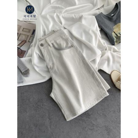 BY21250# 灰白色高腰休闲阔腿五分牛仔裤女夏季新款中裤 服裝批發女裝批發服飾貨源