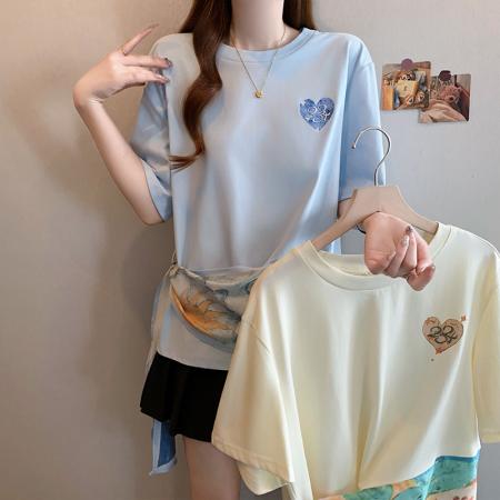 BY21257# 夏季新款大码女时尚设计绑带印花拼接不对称收腰显瘦T恤 服裝批發女裝批發服飾貨源