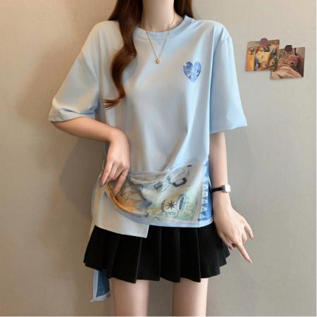 BY21257# 夏季新款大码女时尚设计绑带印花拼接不对称收腰显瘦T恤 服裝批發女裝批發服飾貨源