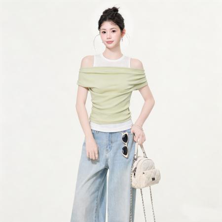 BY21279# 短袖t恤夏季正肩假两件轻熟小众不撞款辣妹露肩上衣 服裝批發女裝批發服飾貨源