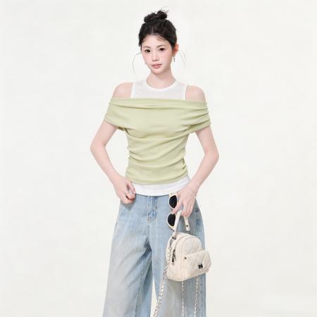 BY21279# 短袖t恤夏季正肩假两件轻熟小众不撞款辣妹露肩上衣 服裝批發女裝批發服飾貨源
