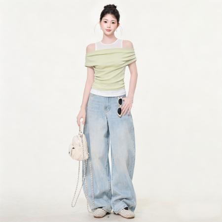 BY21279# 短袖t恤夏季正肩假两件轻熟小众不撞款辣妹露肩上衣 服裝批發女裝批發服飾貨源