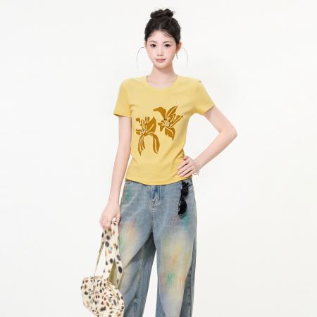 BY21280# 黄色圆领印花正肩短袖T恤女夏季新款修身显瘦小个子上衣 服裝批發女裝批發服飾貨源