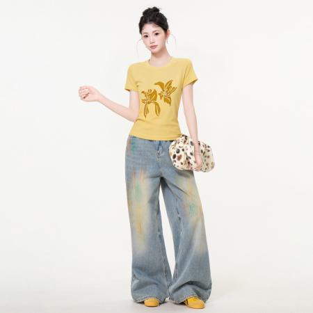 BY21280# 黄色圆领印花正肩短袖T恤女夏季新款修身显瘦小个子上衣 服裝批發女裝批發服飾貨源