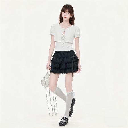 BY21282# 美式复古设计感白色短款短袖上衣+吊带背心女两件套套装 服裝批發女裝批發服飾貨源