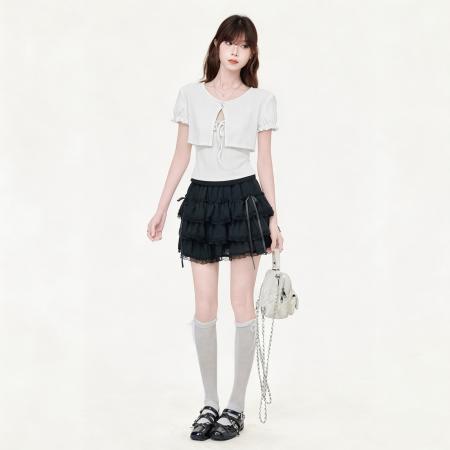 BY21282# 美式复古设计感白色短款短袖上衣+吊带背心女两件套套装 服裝批發女裝批發服飾貨源