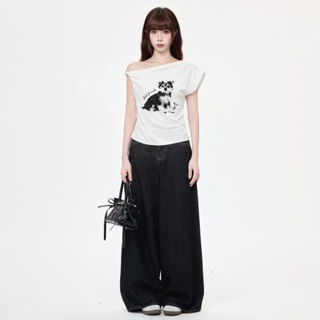 BY21283# 斜肩白色短袖t恤女夏季新款韩系露肩修身设计感辣妹上衣 服裝批發女裝批發服飾貨源