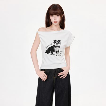 BY21283# 斜肩白色短袖t恤女夏季新款韩系露肩修身设计感辣妹上衣 服裝批發女裝批發服飾貨源