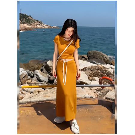 BY21291# 短款辣妹风设计感修身上衣+抽绳包臀半身裙两件套女26年夏季套装 服裝批發女裝批發服飾貨源