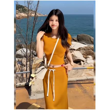 BY21291# 短款辣妹风设计感修身上衣+抽绳包臀半身裙两件套女26年夏季套装 服裝批發女裝批發服飾貨源