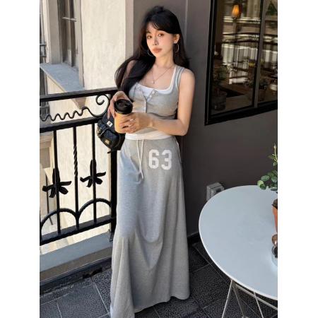 BY21292# 26夏新款韩版休闲假两件字母背心上衣女松紧腰半身裙两件套女潮 服裝批發女裝批發服飾貨源