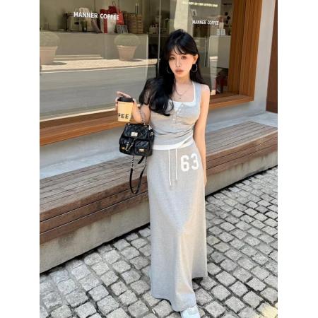 BY21292# 26夏新款韩版休闲假两件字母背心上衣女松紧腰半身裙两件套女潮 服裝批發女裝批發服飾貨源