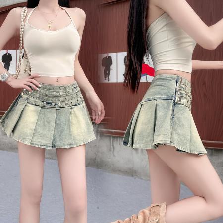 BY21300# 美式纯欲风辣妹设计感弹力牛仔百褶半身裙裤裙 服裝批發女裝批發服飾貨源