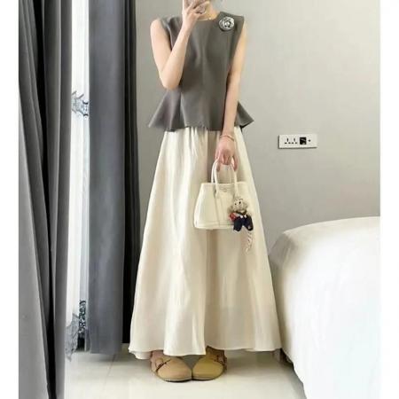 BY21301# 夏季新款小香风立体花朵收腰无袖上衣女高腰百搭半身裙两件套 服裝批發女裝批發服飾貨源