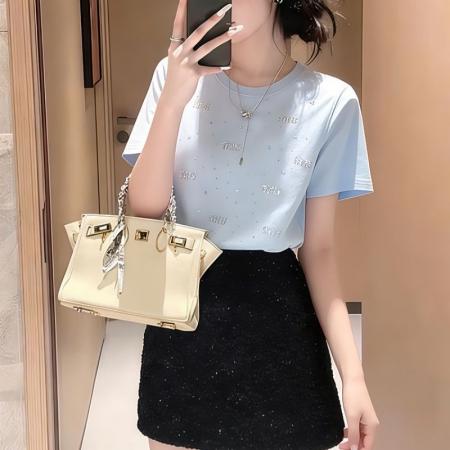 BY21304# t恤短袖夏季新款冰丝凉感减龄圆领欧货烫钻重工女士显瘦上衣 服裝批發女裝批發服飾貨源