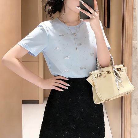 BY21304# t恤短袖夏季新款冰丝凉感减龄圆领欧货烫钻重工女士显瘦上衣 服裝批發女裝批發服飾貨源