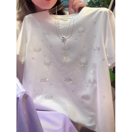 BY21304# t恤短袖夏季新款冰丝凉感减龄圆领欧货烫钻重工女士显瘦上衣 服裝批發女裝批發服飾貨源